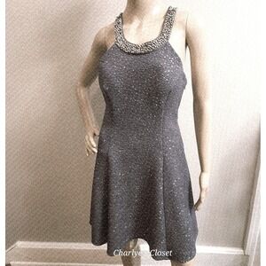 Gray Embellished Halter Sheer Back Fit &‎ Flare Flowy Party Dress Sz. 6
